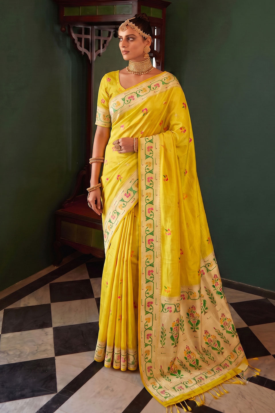 Yellow Tissue Silk Weaving Work Saree For Function | Buy Online India