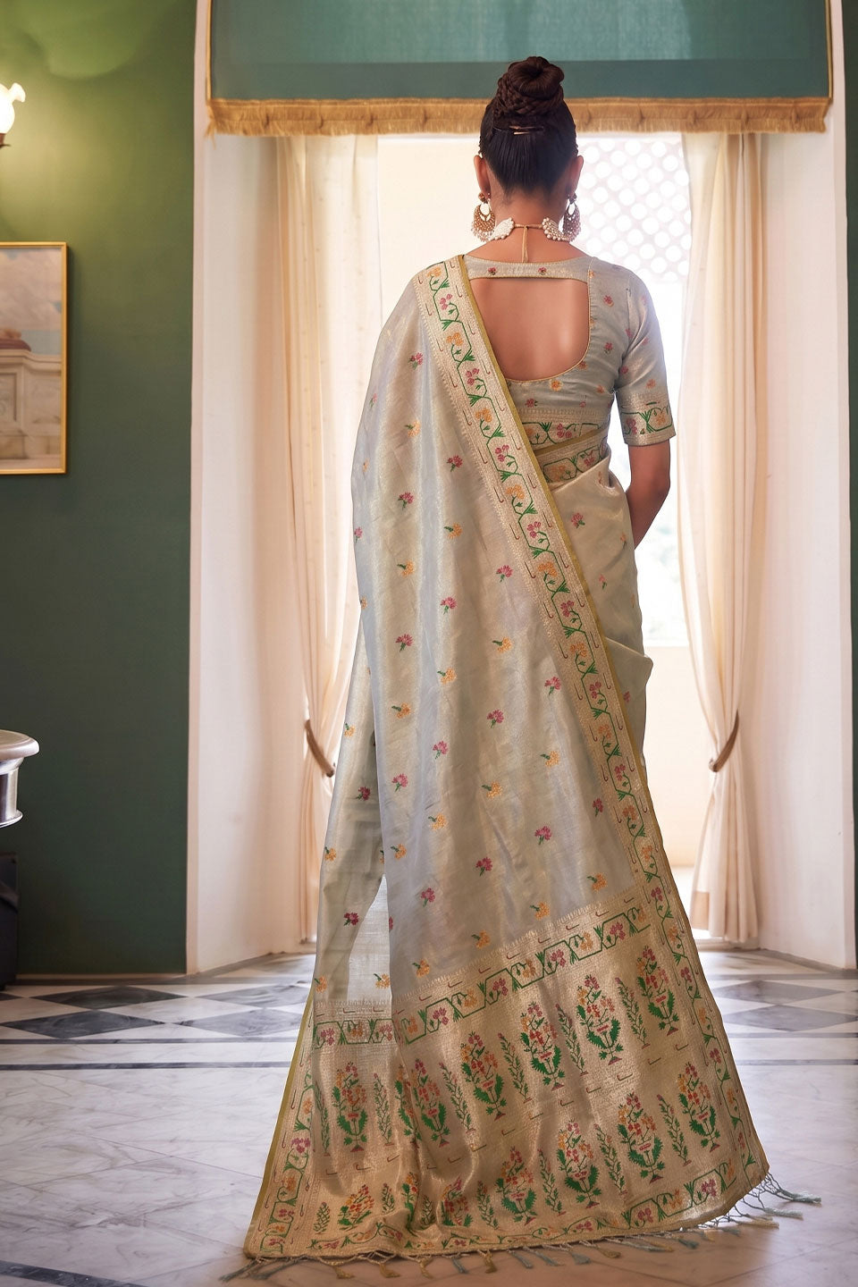 Attractive Tissue Silk Grey Saree With Weaving Work | Buy Online India