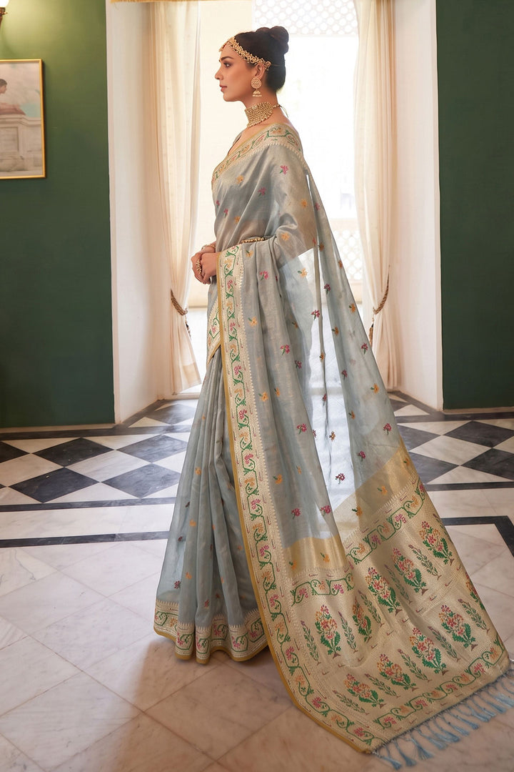Attractive Tissue Silk Grey Saree With Weaving Work | Buy Online India