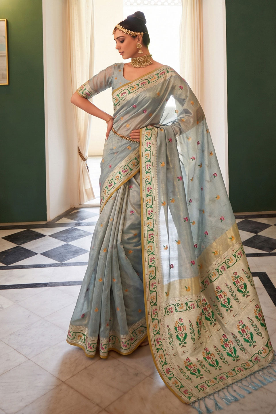 Attractive Tissue Silk Grey Saree With Weaving Work | Buy Online India