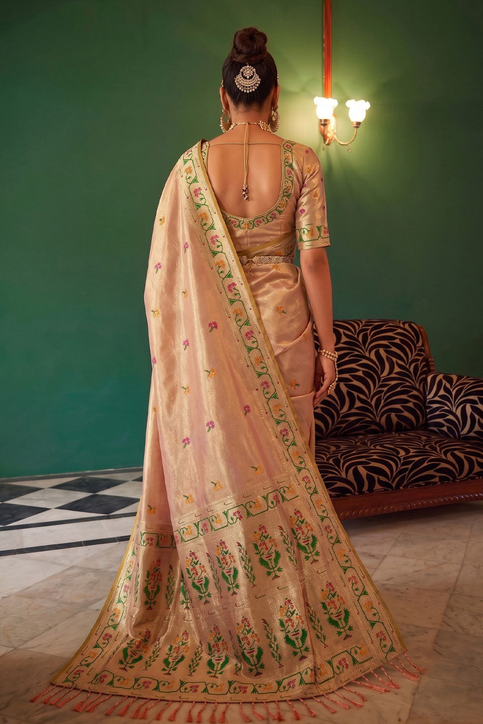 Tissue Silk Weaving Work On Peach Color Amazing Saree | Buy Online India