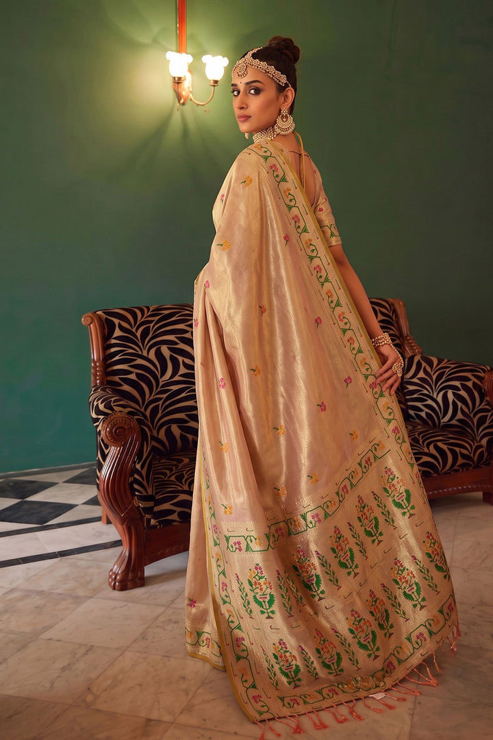 Tissue Silk Weaving Work On Peach Color Amazing Saree | Buy Online India