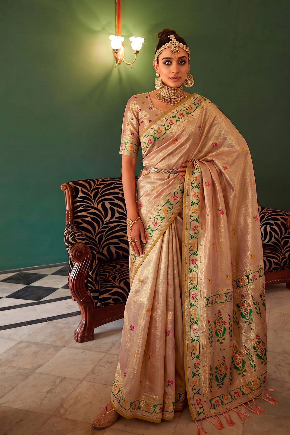 Tissue Silk Weaving Work On Peach Color Amazing Saree | Buy Online India