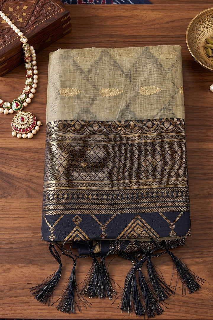Beige and Black Color Cotton Weaving Designs Saree | Buy Online India