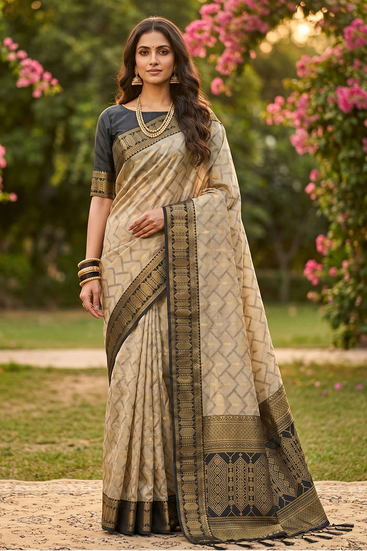 Beige and Black Color Cotton Weaving Designs Saree | Buy Online India