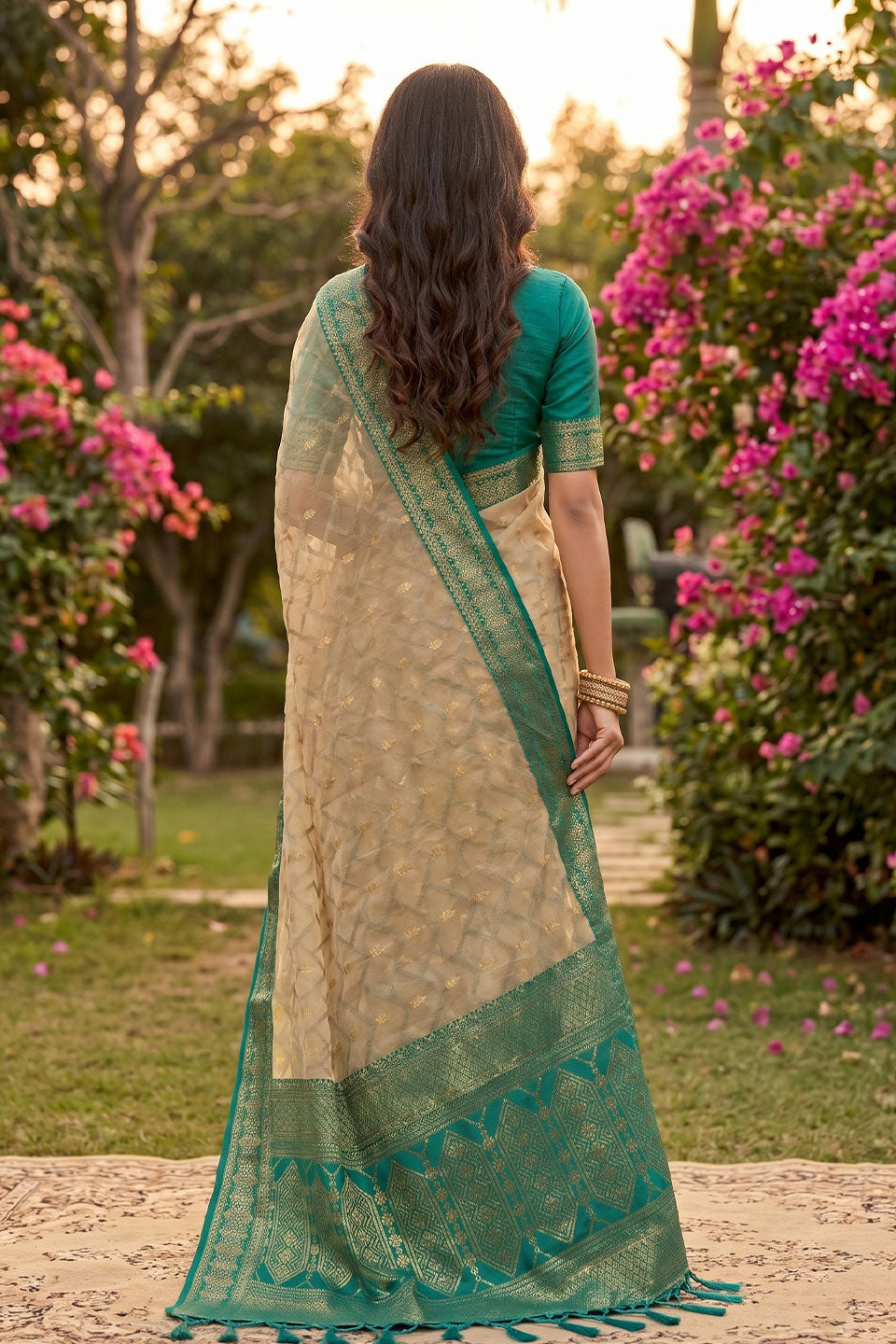 Trendy Cotton Beige and Teal Color Saree | Buy Online India