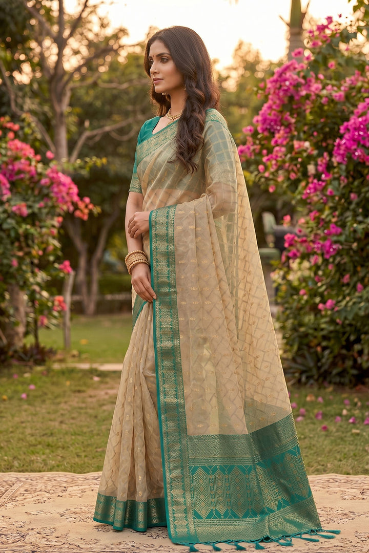 Trendy Cotton Beige and Teal Color Saree | Buy Online India