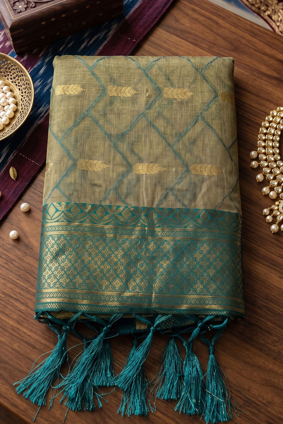 Trendy Cotton Beige and Teal Color Saree | Buy Online India