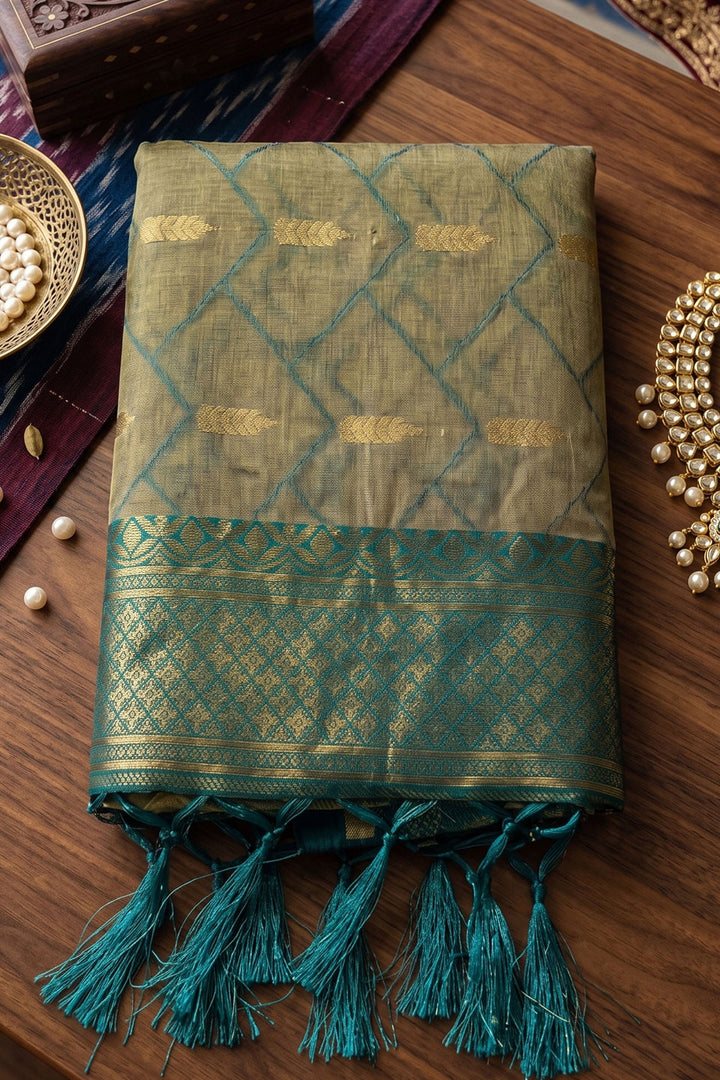 Trendy Cotton Beige and Teal Color Saree | Buy Online India