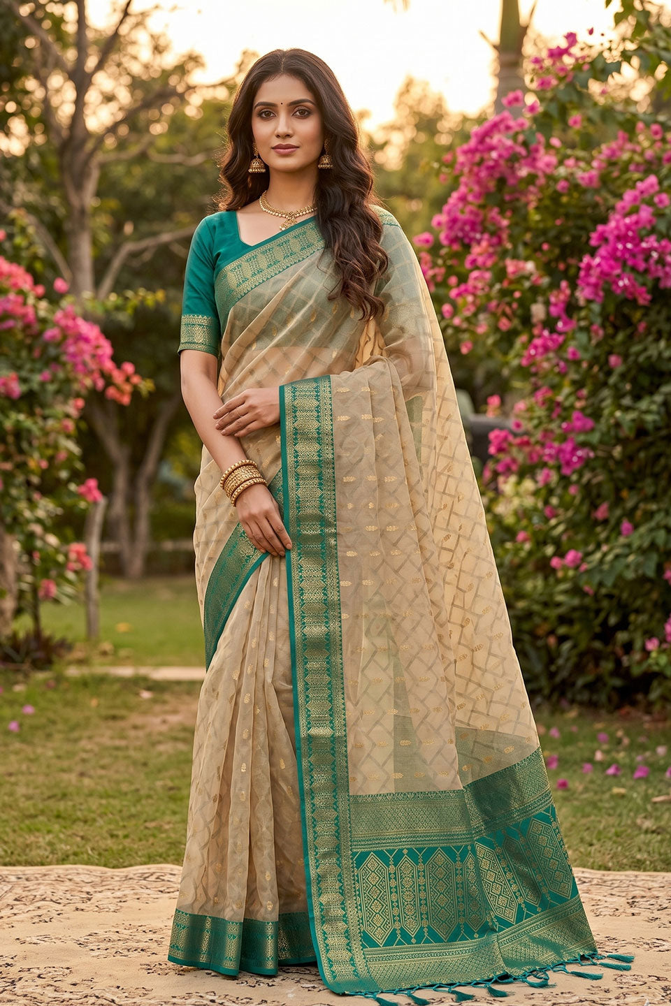 Trendy Cotton Beige and Teal Color Saree | Buy Online India