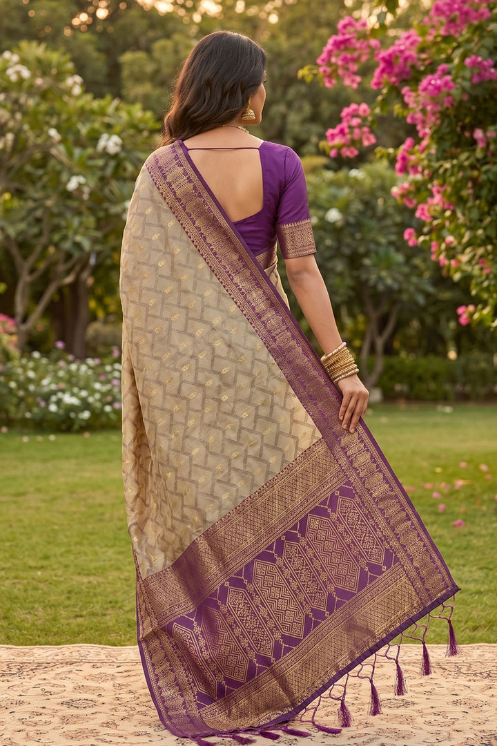 Exclusive Weaving Designs On Beige and Purple Saree | Buy Online India