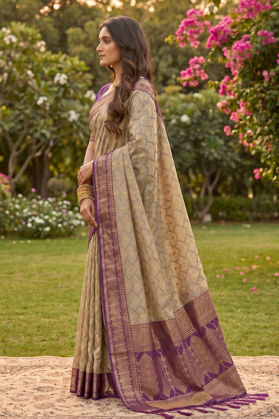 Exclusive Weaving Designs On Beige and Purple Saree | Buy Online India