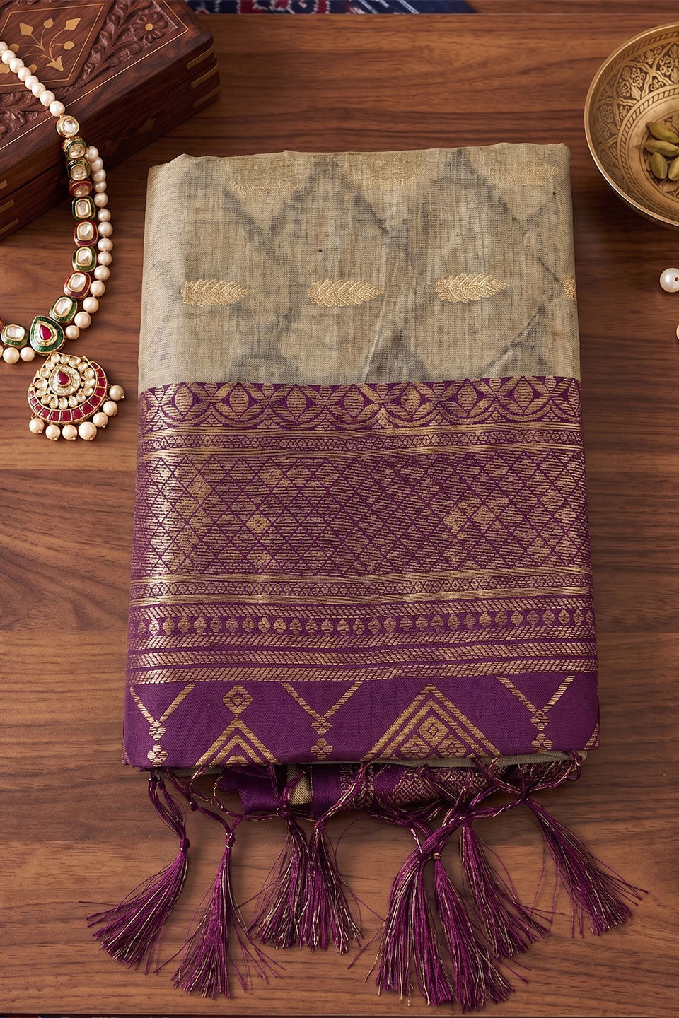 Exclusive Weaving Designs On Beige and Purple Saree | Buy Online India
