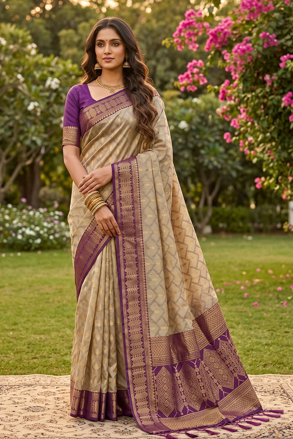 Exclusive Weaving Designs On Beige and Purple Saree | Buy Online India