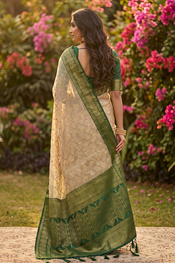 Beige and Green Weaving Designs Cotton Saree | Buy Online India