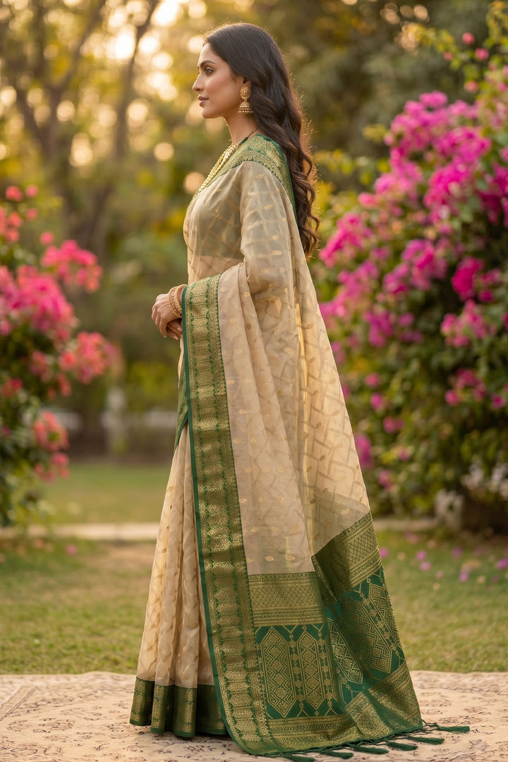 Beige and Green Weaving Designs Cotton Saree | Buy Online India