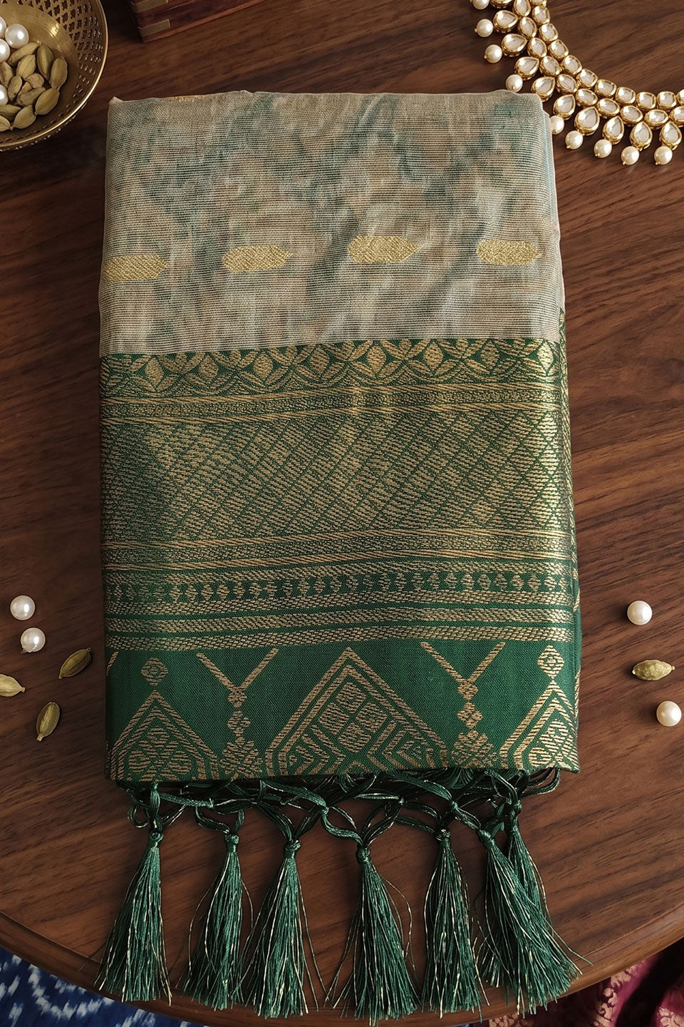 Beige and Green Weaving Designs Cotton Saree | Buy Online India