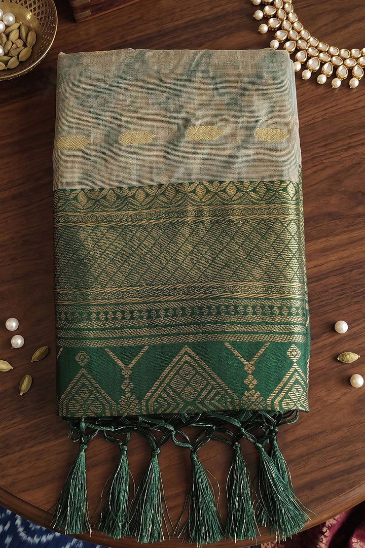 Beige and Green Weaving Designs Cotton Saree | Buy Online India