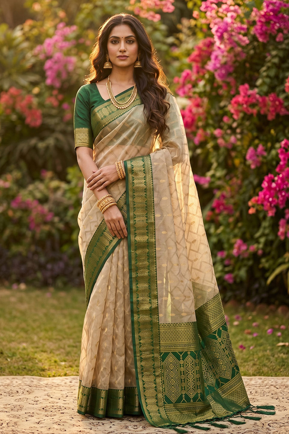 Beige and Green Weaving Designs Cotton Saree | Buy Online India