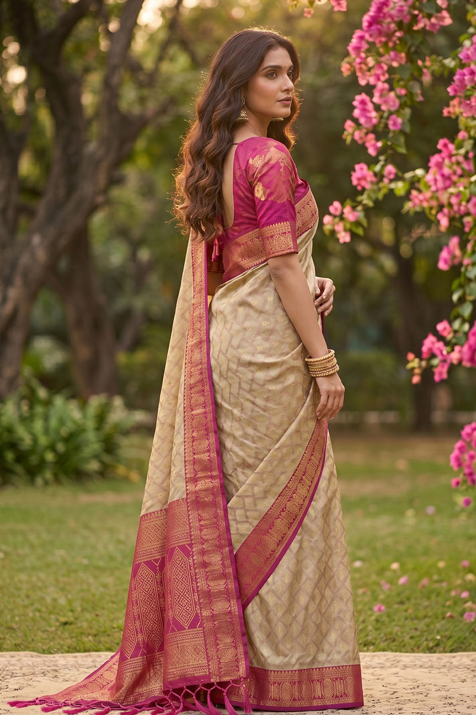Attractive Cotton Beige and Pink Saree With Weaving Designs | Buy Online India