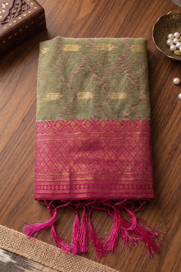 Attractive Cotton Beige and Pink Saree With Weaving Designs | Buy Online India
