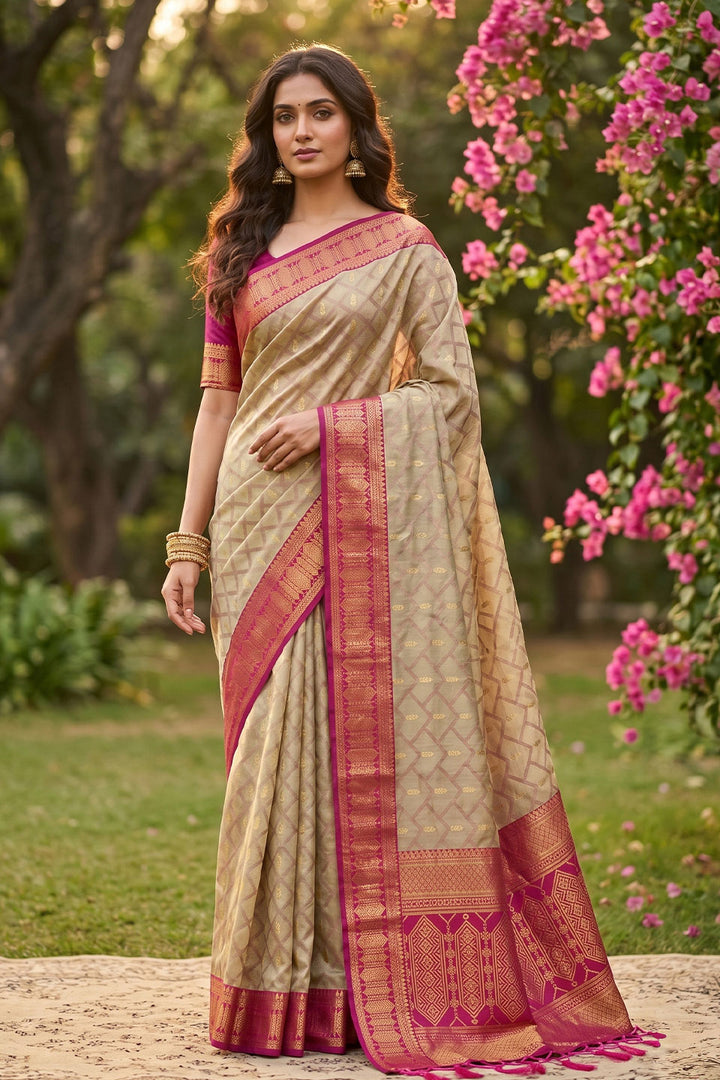Attractive Cotton Beige and Pink Saree With Weaving Designs | Buy Online India