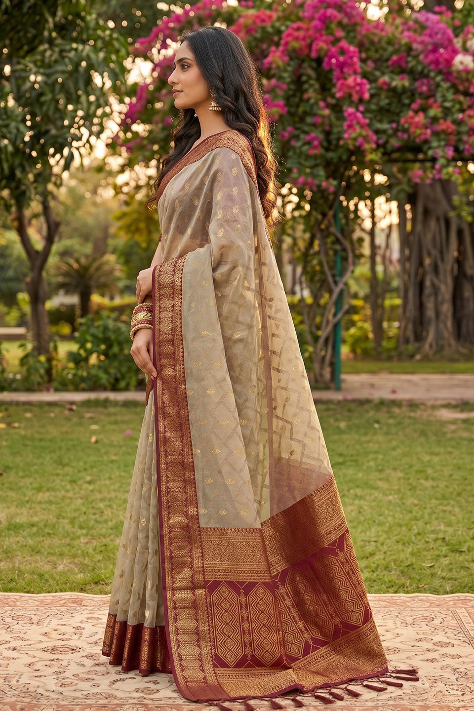 Cotton Weaving Designs On Beige and Red Amazing Saree | Buy Online India