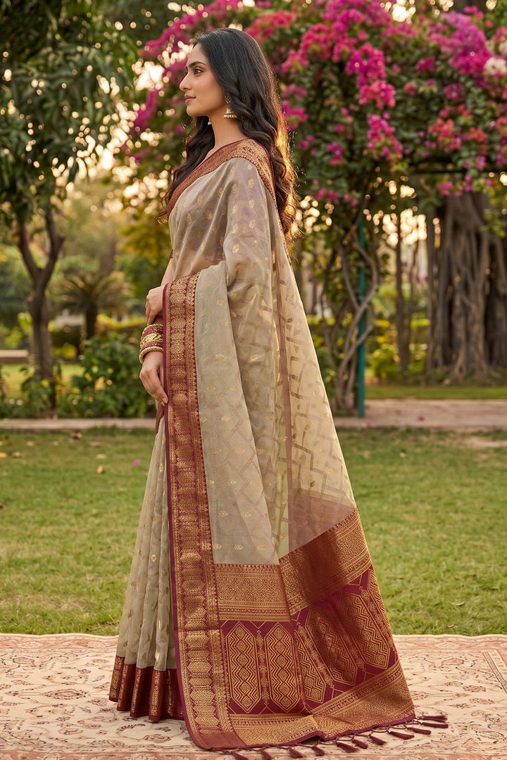 Cotton Weaving Designs On Beige and Red Amazing Saree | Buy Online India