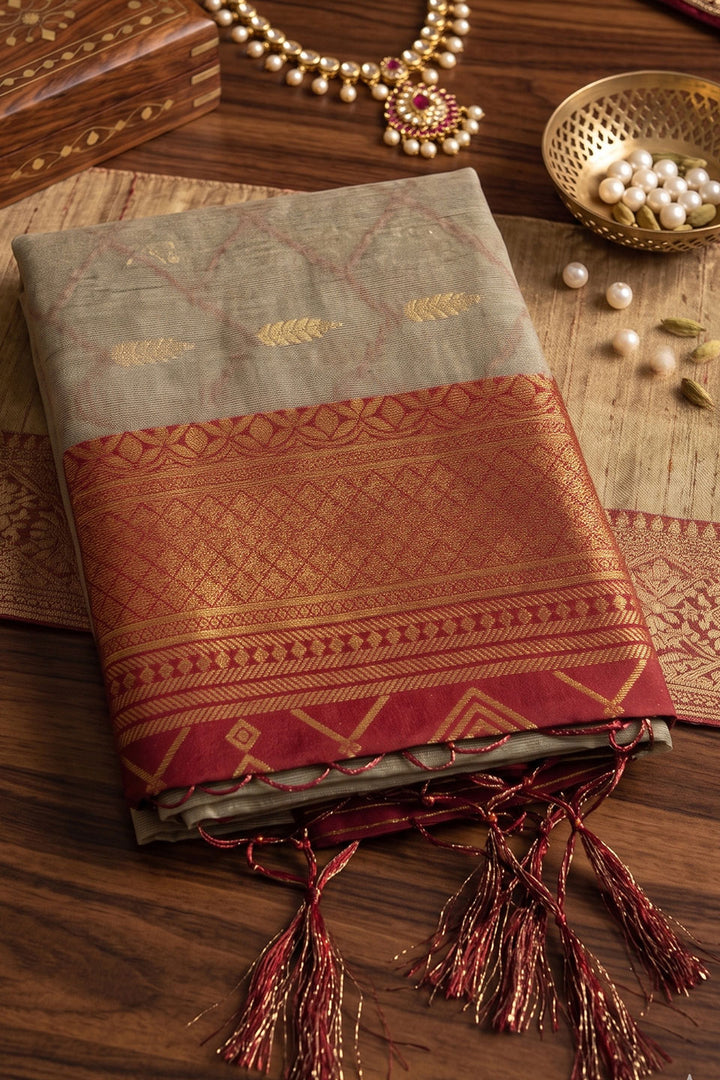 Cotton Weaving Designs On Beige and Red Amazing Saree | Buy Online India