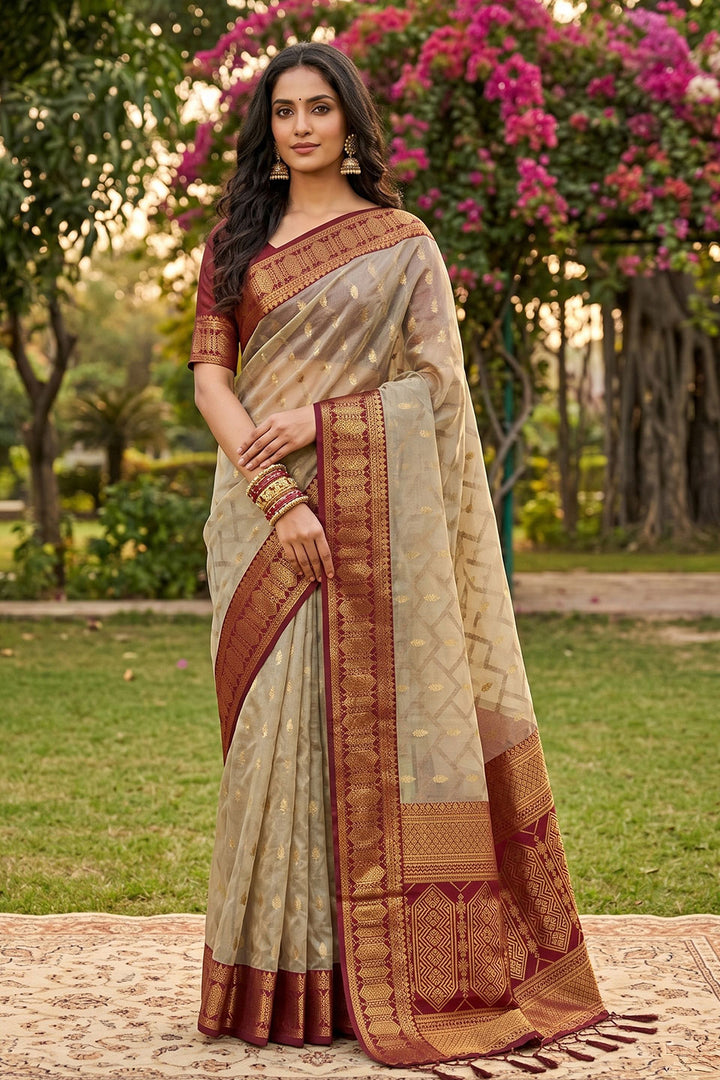 Cotton Weaving Designs On Beige and Red Amazing Saree | Buy Online India
