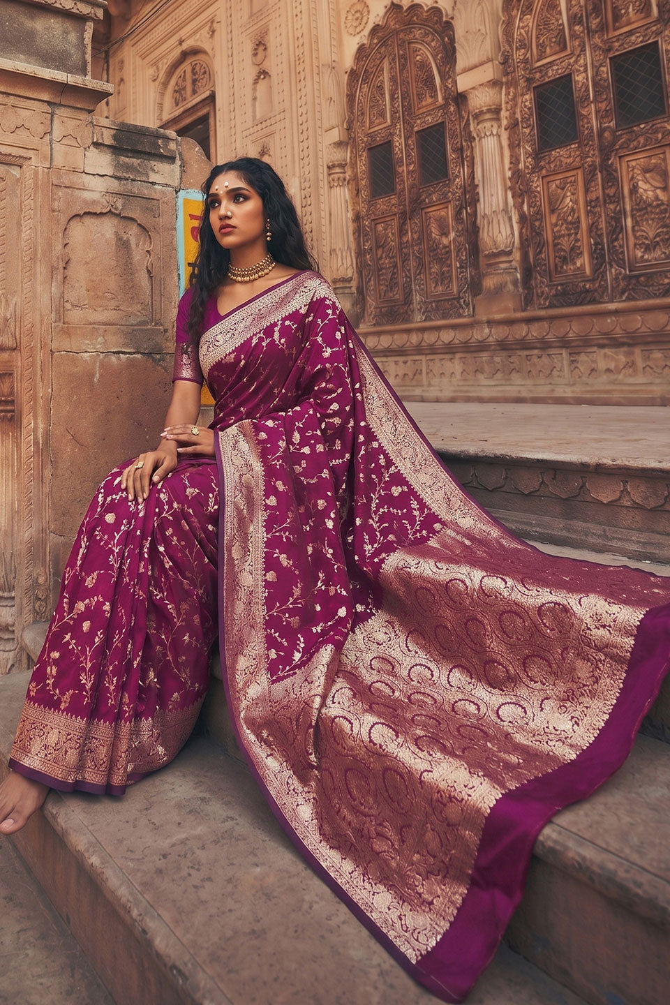 Beguiling Weaving Work On Wine Color Art Silk Saree | Buy Online India