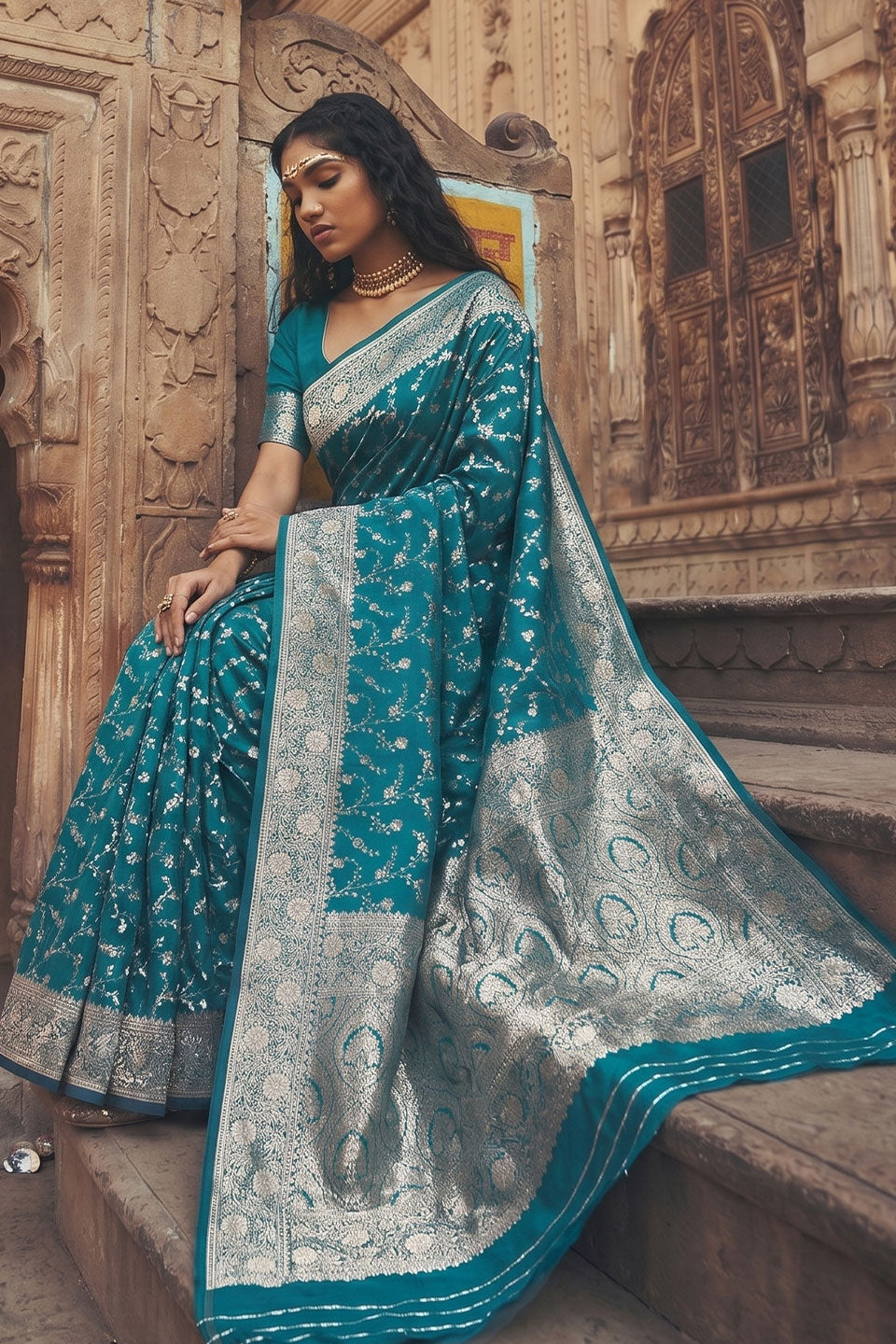 Weaving Work On Art Silk Teal Color Saree | Buy Online India