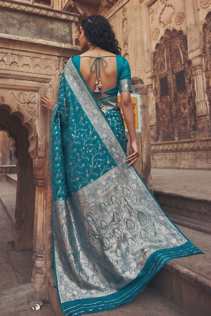 Weaving Work On Art Silk Teal Color Saree | Buy Online India