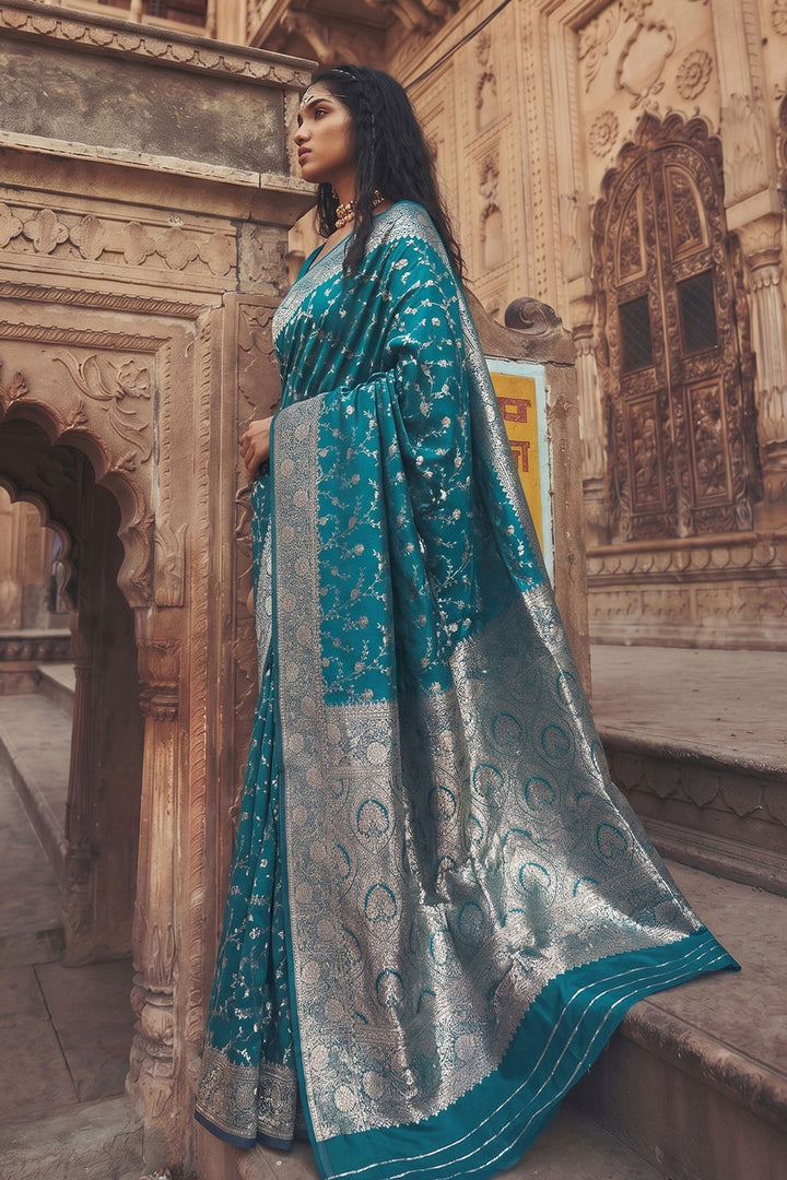 Weaving Work On Art Silk Teal Color Saree | Buy Online India
