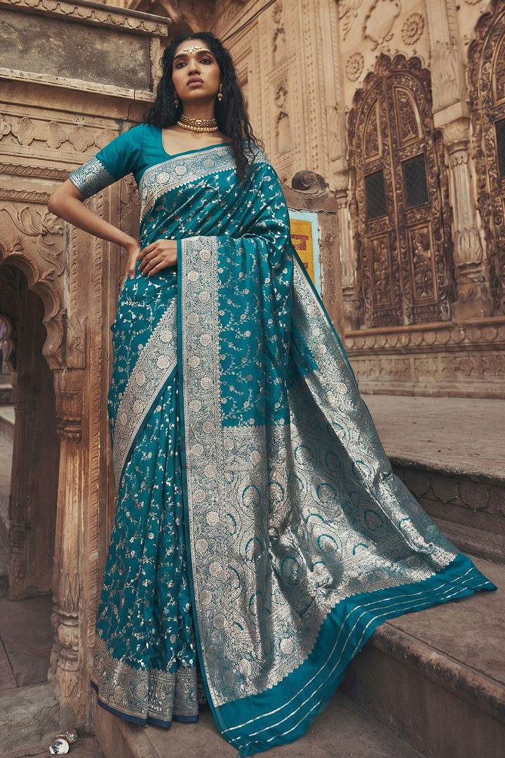 Weaving Work On Art Silk Teal Color Saree | Buy Online India