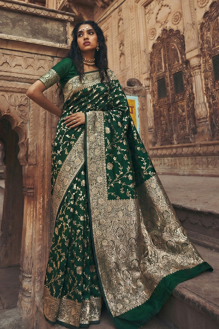 Tempting Art Silk Green Color Saree With Weaving Work | Buy Online India