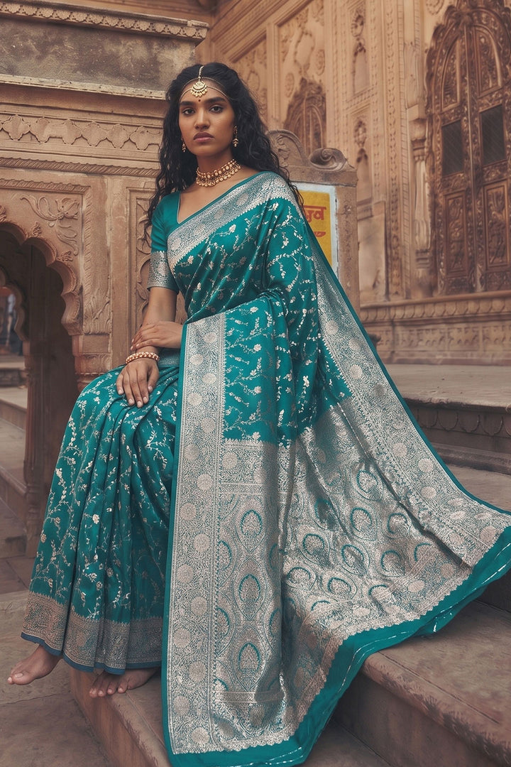 Art Silk Dark Cyan Color Saree With Weaving Work | Buy Online India