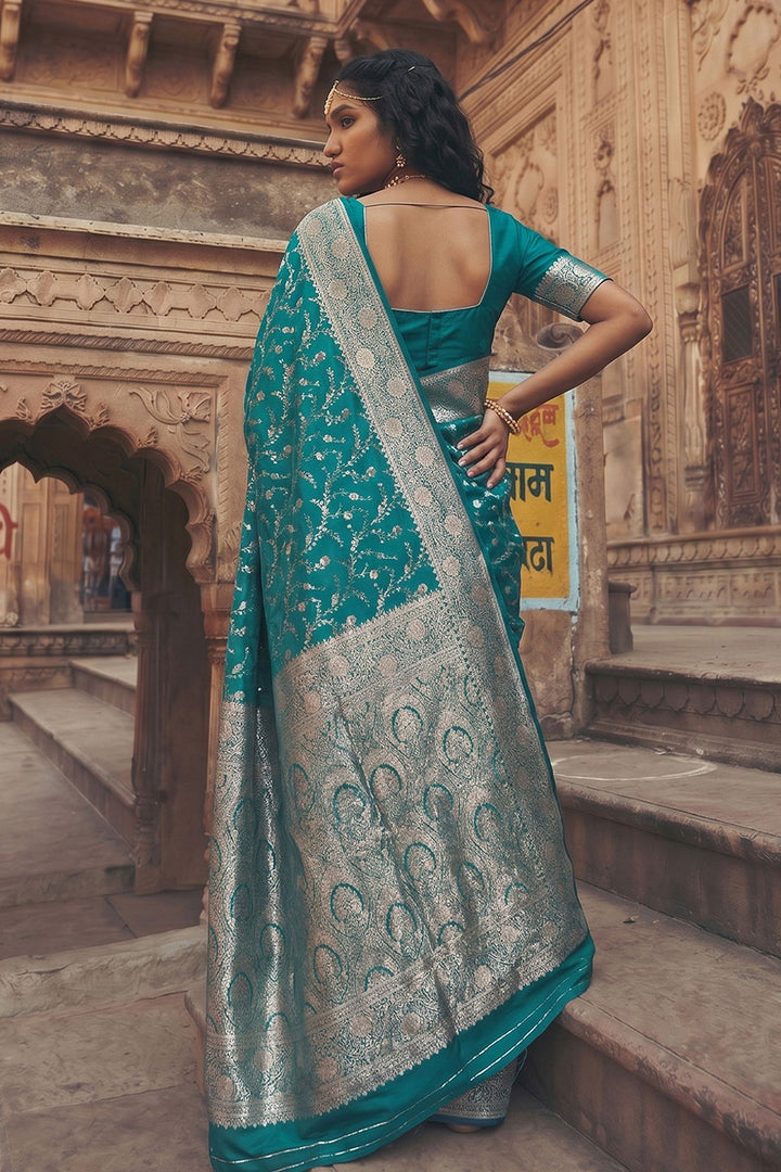 Art Silk Dark Cyan Color Saree With Weaving Work | Buy Online India