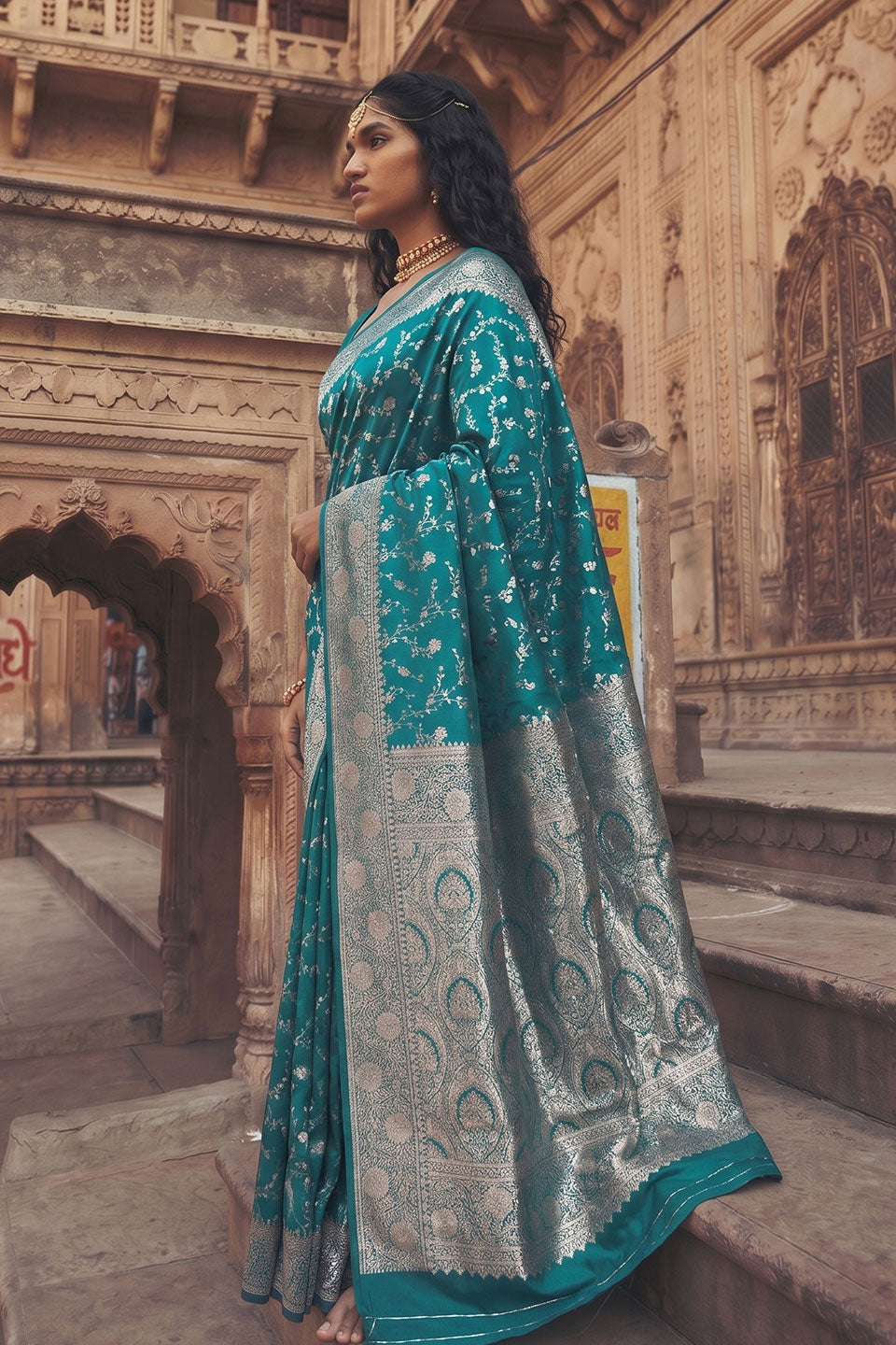 Art Silk Dark Cyan Color Saree With Weaving Work | Buy Online India