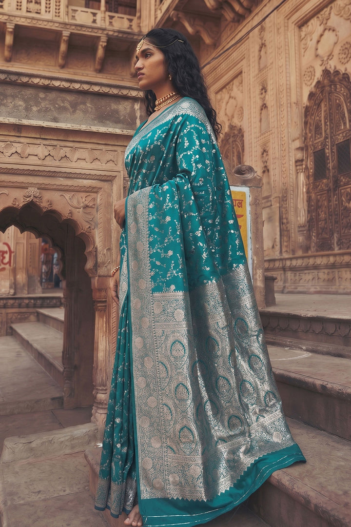 Art Silk Dark Cyan Color Saree With Weaving Work | Buy Online India