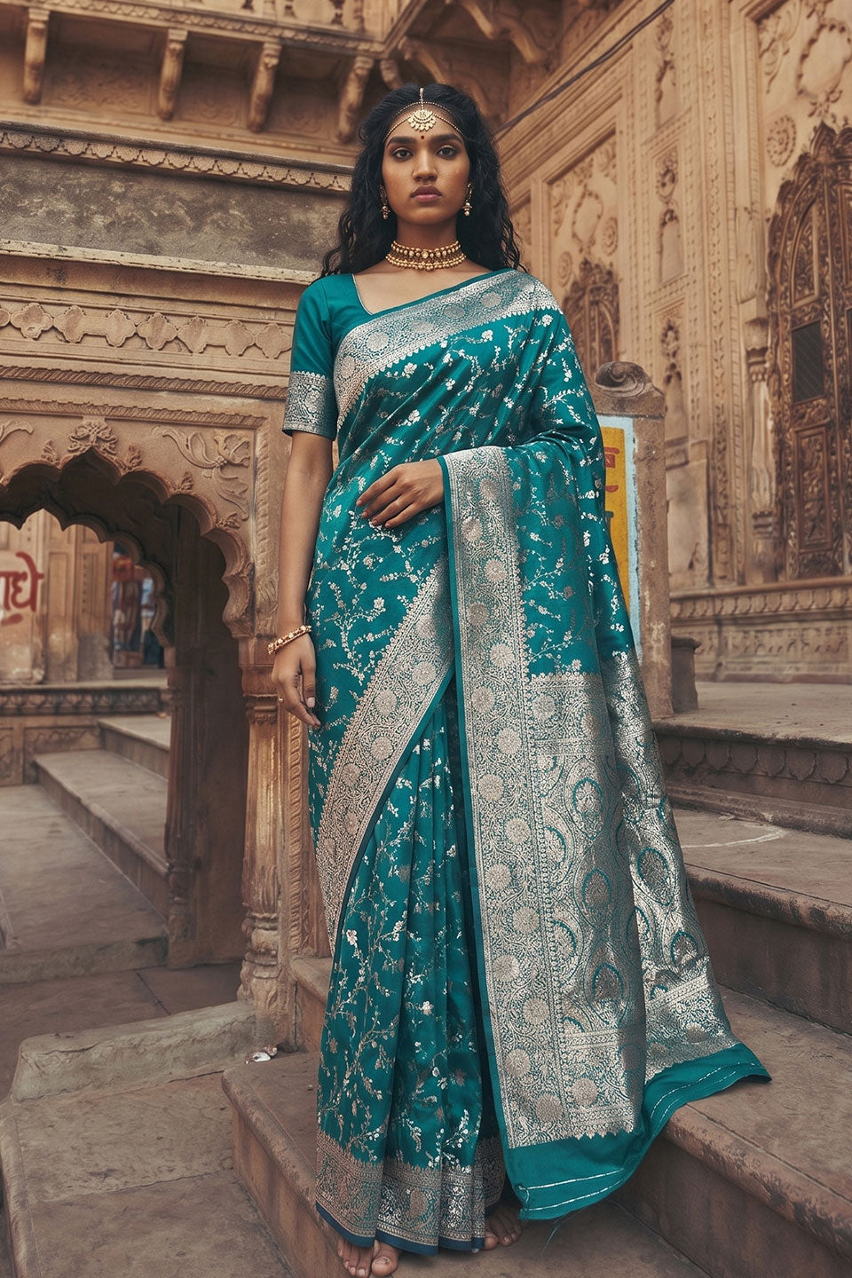 Art Silk Dark Cyan Color Saree With Weaving Work | Buy Online India