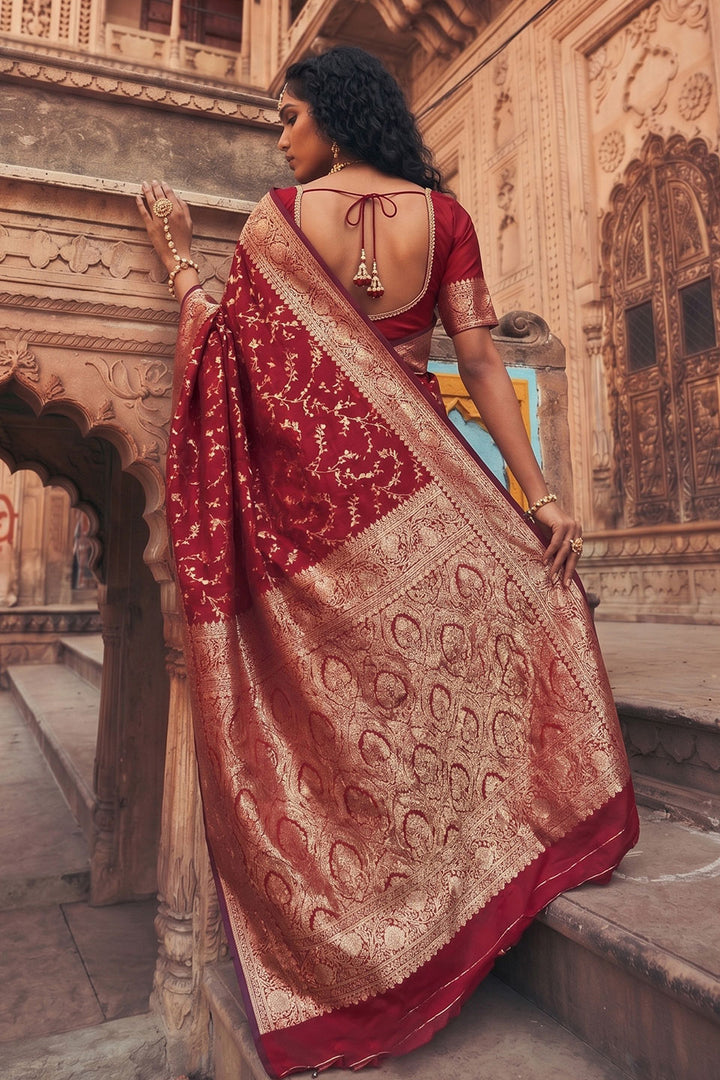 Engaging Red Art Silk Saree With Weaving Work | Buy Online India