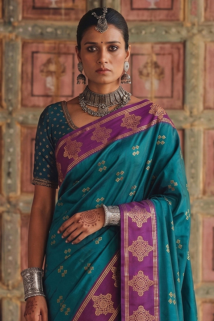 Soft Silk Teal Color Beatific Weaving Design Saree | Buy Online India