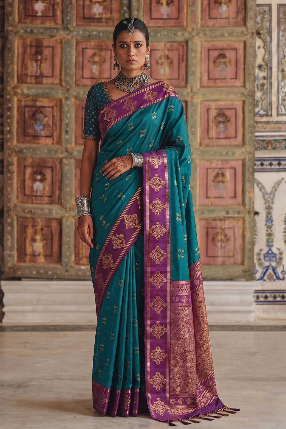 Soft Silk Teal Color Beatific Weaving Design Saree | Buy Online India