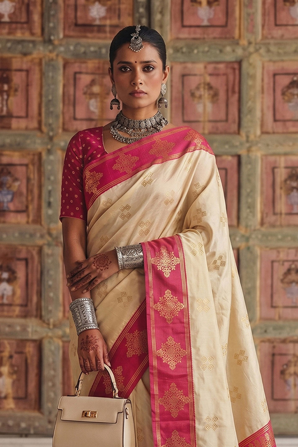 Soft Silk Cream Color Gorgeous Weaving Design Saree | Buy Online India