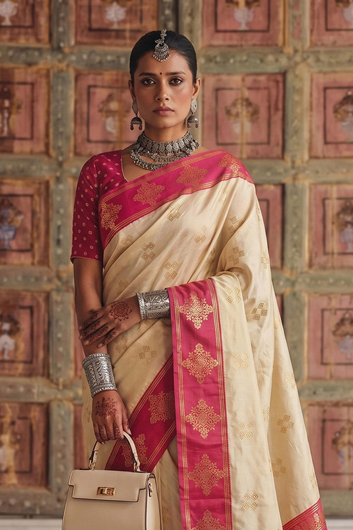 Soft Silk Cream Color Gorgeous Weaving Design Saree | Buy Online India