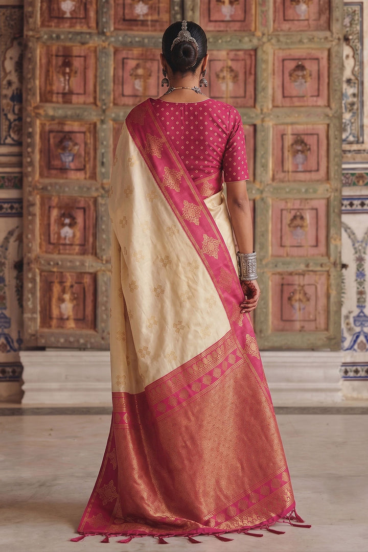 Soft Silk Cream Color Gorgeous Weaving Design Saree | Buy Online India