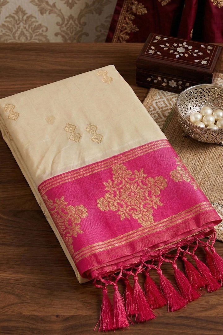 Soft Silk Cream Color Gorgeous Weaving Design Saree | Buy Online India