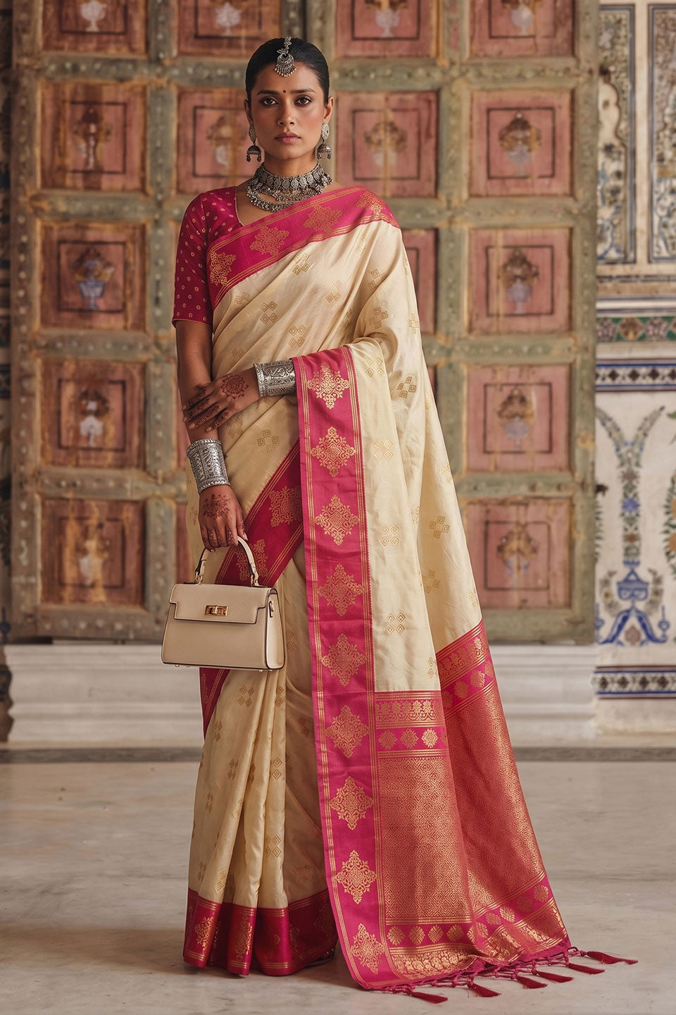Soft Silk Cream Color Gorgeous Weaving Design Saree | Buy Online India