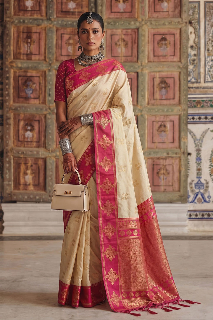 Soft Silk Cream Color Gorgeous Weaving Design Saree | Buy Online India
